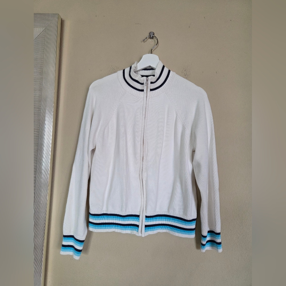 Izod Cotton Knit Zip Up Cardigan Sweater Sporty Stripe Preppy Nautical